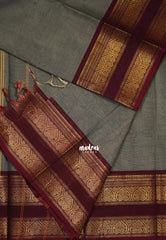 Pebble Grey - Karthigai silk cotton plain rettapet heart border - Best for Festive Wear | Temple Visit