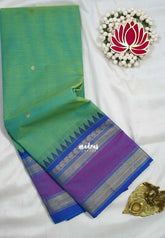 Dual Shade Teal Green - Karthigai silk cotton rettapeta border mango and temple - Best for Temple Visit