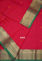 Bright Red - Karthigai Silk Cotton Buttas with Rudraksham and Peacock Border - Best for Wedding Functions