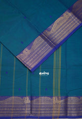 Teal Blue - Karthigai Silk Cotton Buttas with Rudraksham and Peacock Border - Best for Wedding Functions