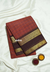 Brick Maroon - Karthigai silk cotton Big Muthu Kattam Checks with Rettapeta Border - Best for Festive Wear | Temple Visit