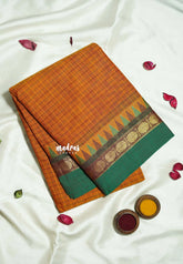 Mustard Orange - Karthigai silk cotton muthu kattam checks saree Rudraksham with Temple Border - Best for Festive Wear