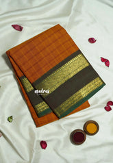 Turmeric Orange - Karthigai silk cotton Big Muthu Kattam Checks with Rettapeta Border - Best for Festive Wear | Temple Visit