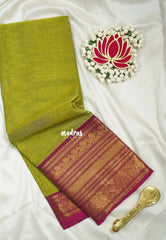 Sap Green - Karthigai silk cotton Plain Saree with Annam, Rudraksham and Yaanai Border - Best for Small Functions