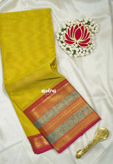 Greenish Yellow - Karthigai silk cotton plain body traditional big border - Best for Festive Wear