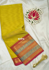 Greenish Yellow - Karthigai silk cotton plain body traditional big border - Best for Festive Wear