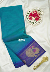 Dark Sky Blue - Karthigai Silk Cotton Plain Body with Peacock Border - Best for Temple Visit