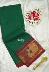 Dark Green - Karthigai Silk Cotton Plain Body with Peacock Border - Best for Temple Visit