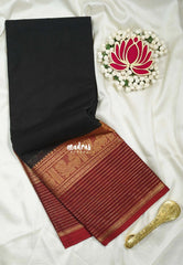 Ebony Black - Karthigai silk cotton Plain Body Multi Lines with Annam Border - Best for Wedding Functions