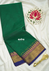Classic Green - Karthigai silk cotton plain body with getti border - Best for Temple Visit