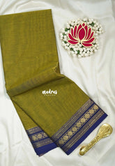 Olive Mehandi Green - Karthigai silk cotton Plain Saree with Rudraksham Border - Best for Small Functions