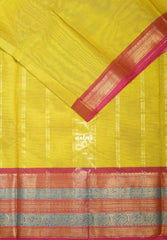 Greenish Yellow - Karthigai silk cotton plain body traditional big border - Best for Festive Wear