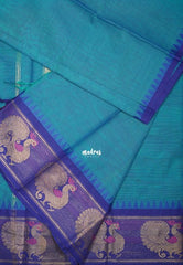 Dark Sky Blue - Karthigai Silk Cotton Plain Body with Peacock Border - Best for Temple Visit
