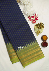 Karthigai silk cotton multi border with stripes body Deep blue color - Madras Sarees