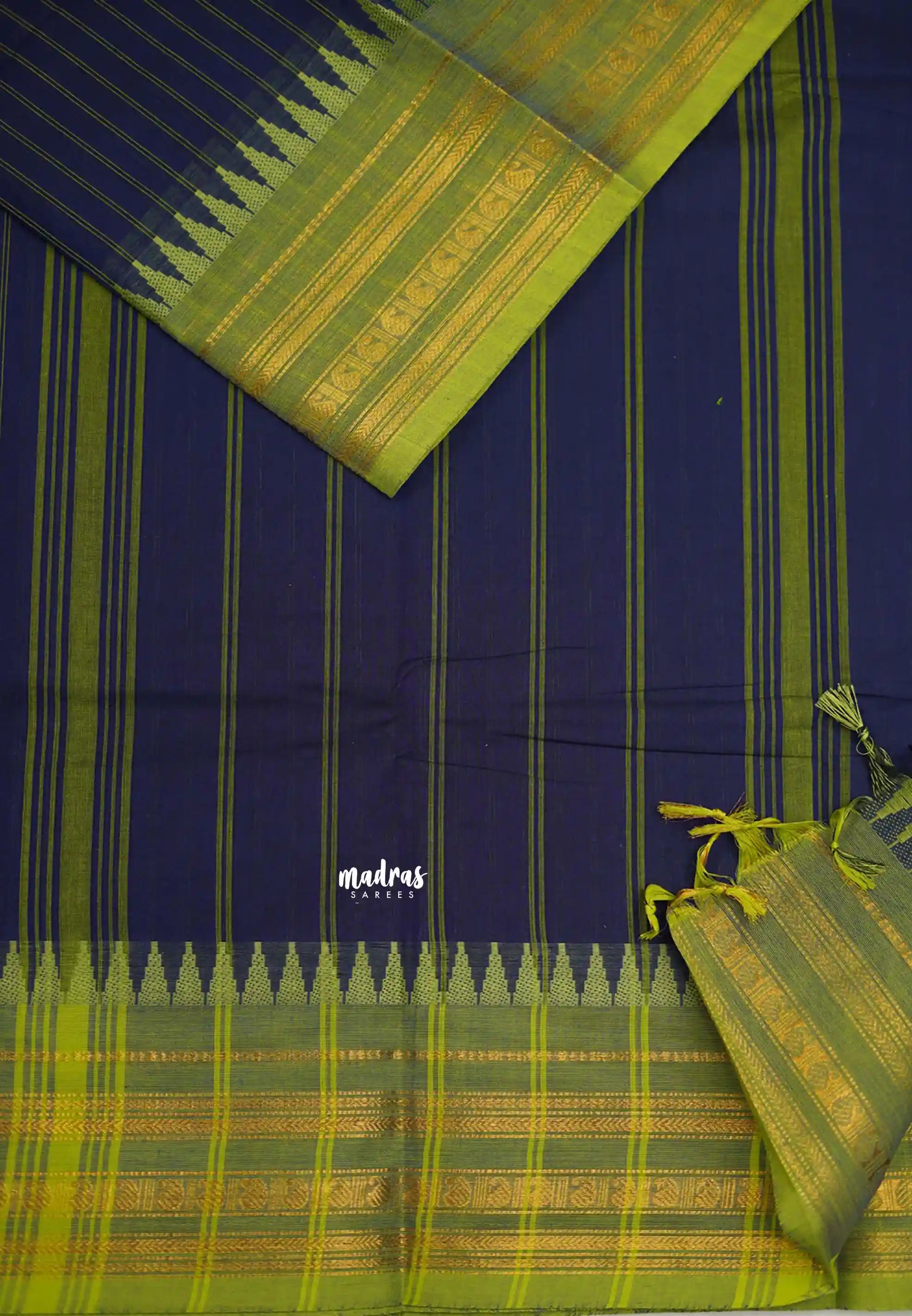 Karthigai silk cotton multi border with stripes body Deep blue color - Madras Sarees