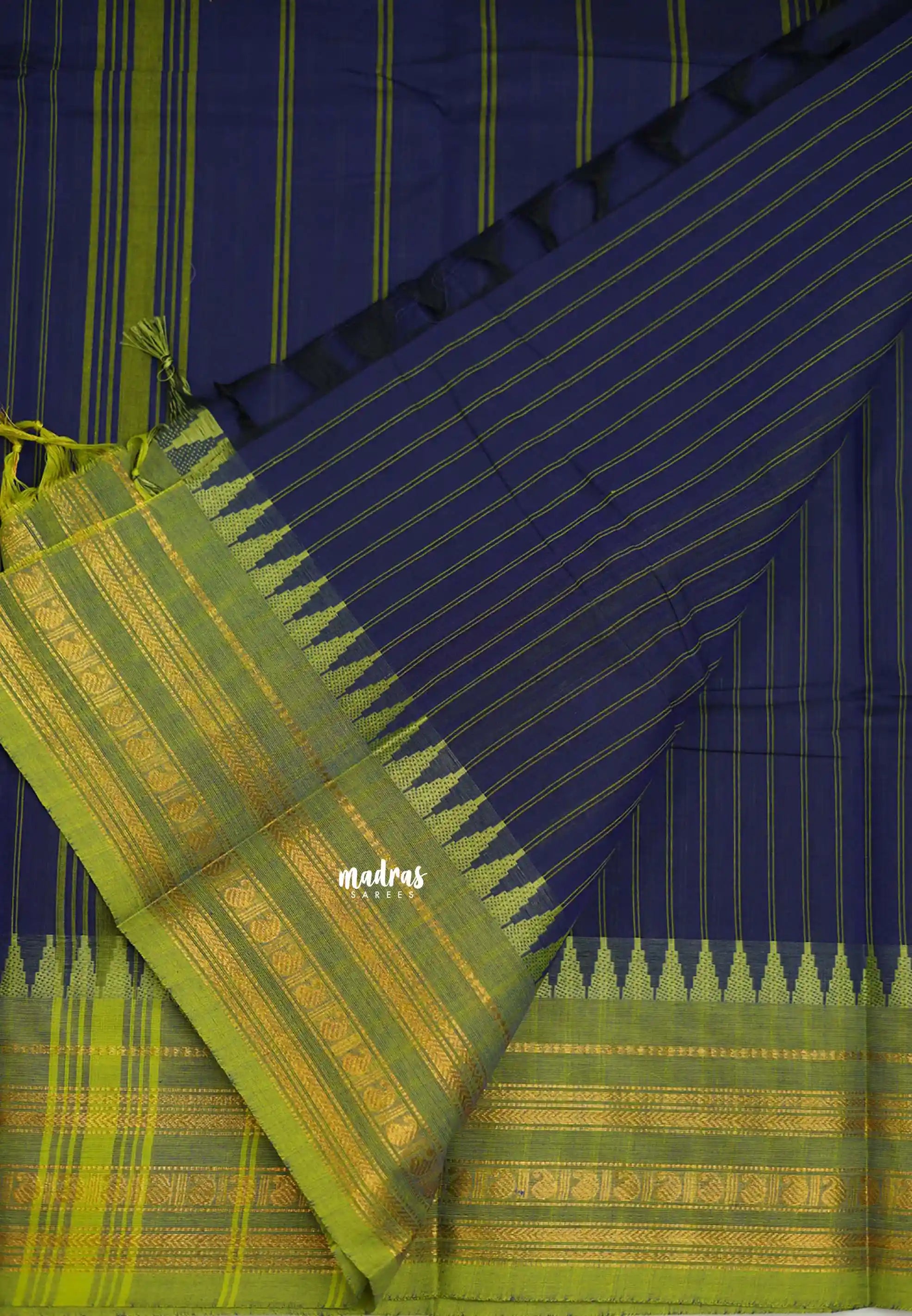 Karthigai silk cotton multi border with stripes body Deep blue color - Madras Sarees