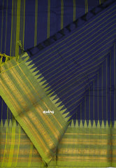 Karthigai silk cotton multi border with stripes body Deep blue color - Madras Sarees