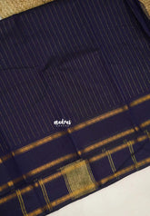 Karthigai silk cotton rettapet border stripes body Navy blue - Madras Sarees