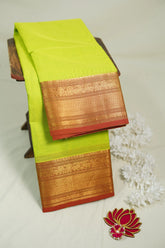 Neon Green - Karthigai silk cotton Bavanji with Peacock Border - Best for Small Functions
