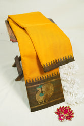Marigold Yellow - Karthigai Silk Cotton Plain Body with Peacock Border - Best for Temple Visit