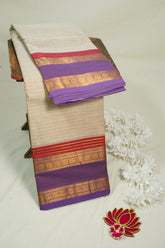 Sandal Beige - Karthigai silk cotton Stripes in Body and Rettapet rudraksham border - Best for Festive Wear
