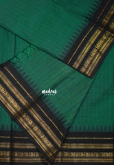 Dark Green - Karthigai Silk Cotton Stripes Classic Temple Weave and Mango Border - Best for Wedding Functions