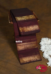 Coffee Brown - Karthigai silk cotton plain saree with Rettapetta Border - Best for Wedding Functions