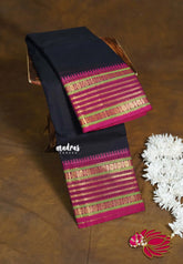 Midnight Blue - Karthigai silk cotton plain body multi line and flower Border - Best for Festive Wear