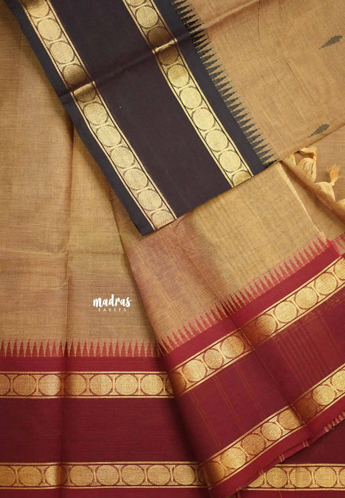 Karthigai silk cotton Big Rudhraksham Ganga Jamuna border - Wheat brown - Madras Sarees