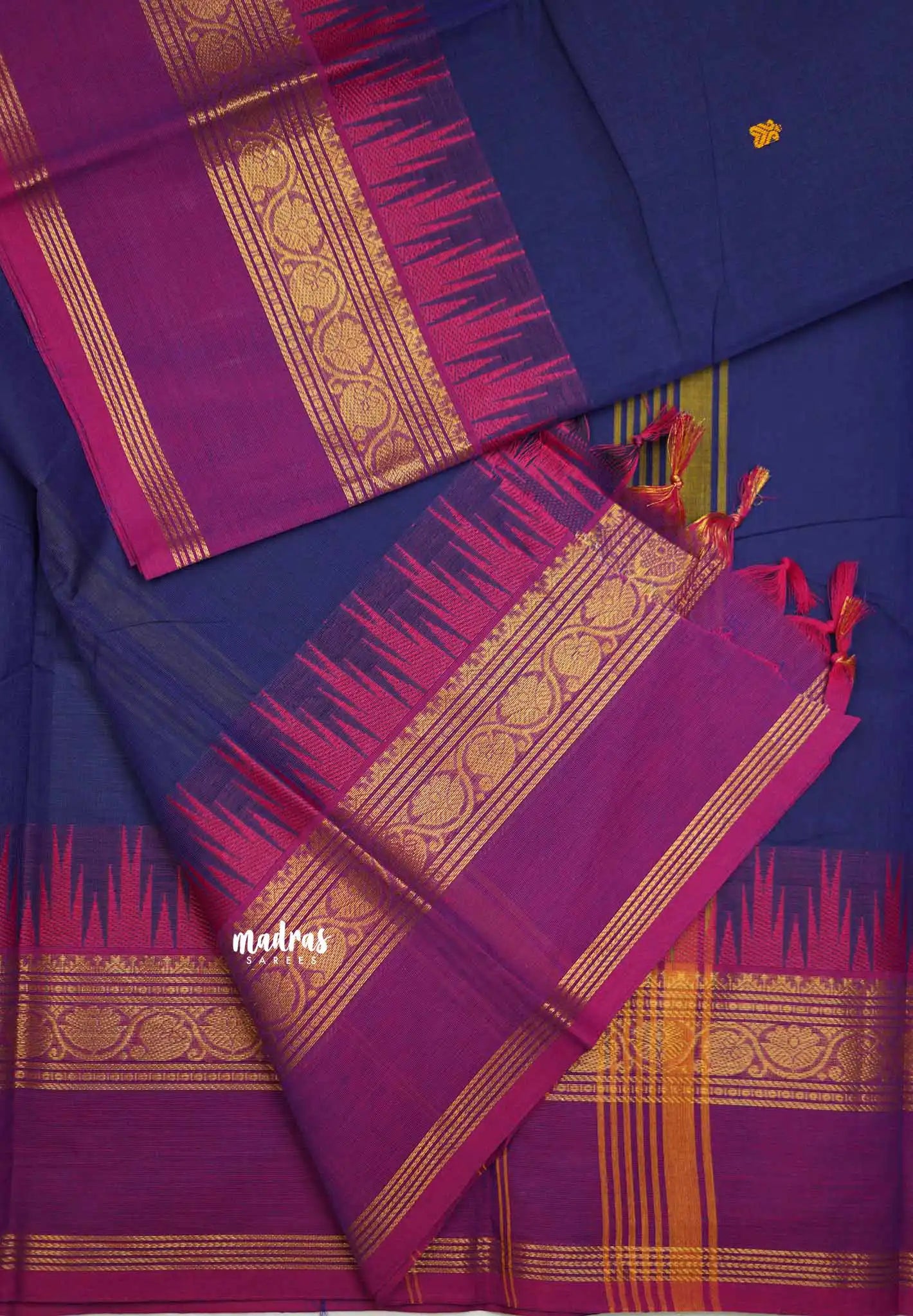 Karthigai silk cotton Big border with temple weaving - MS Blue - Madras Sarees