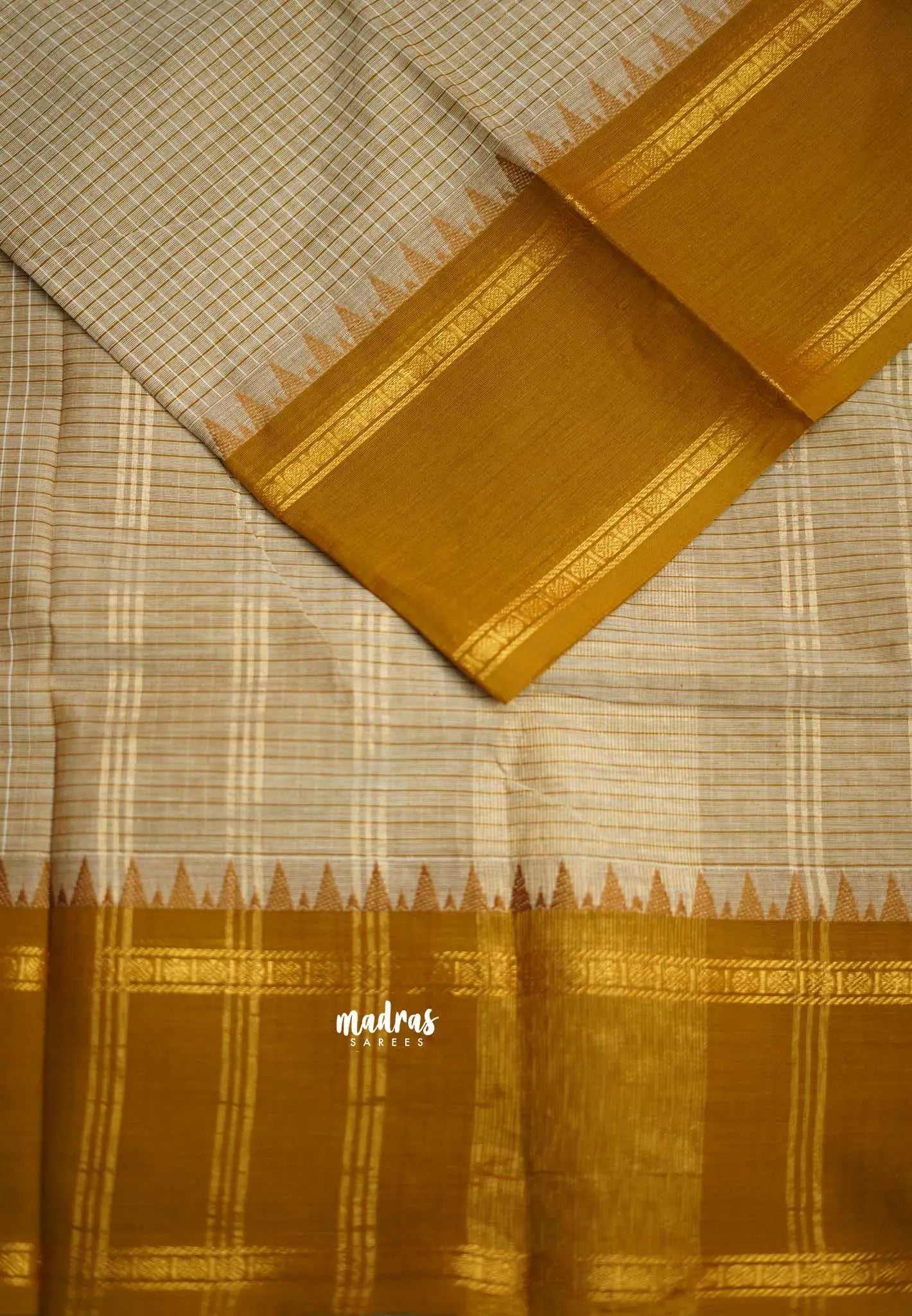 Karthigai silk cotton rettapeta rudraksham border with muthu kattam checks Beige - Madras Sarees