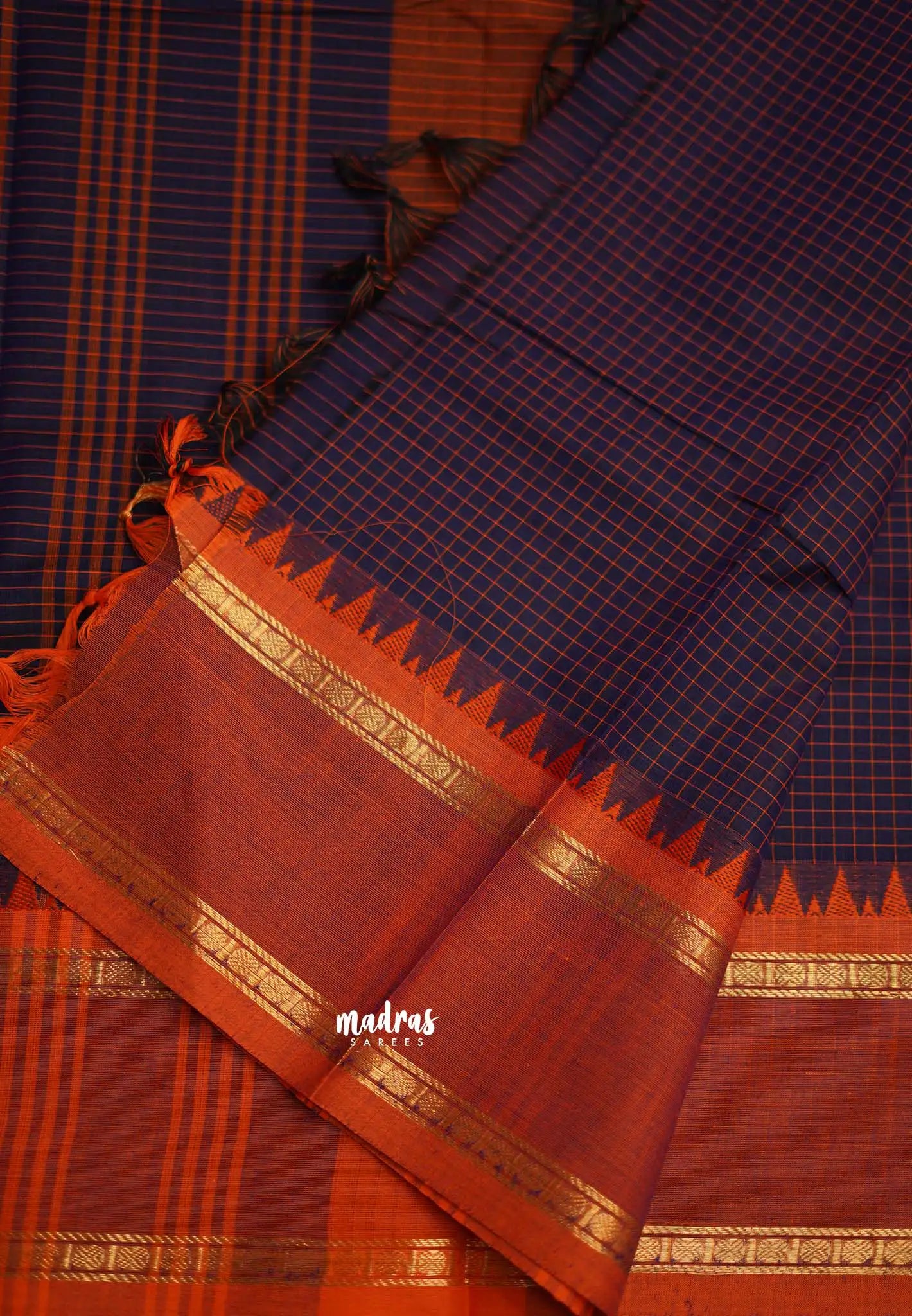 Karthigai silk cotton rettapeta rudraksham border with muthu kattam checks deep blue - Madras Sarees