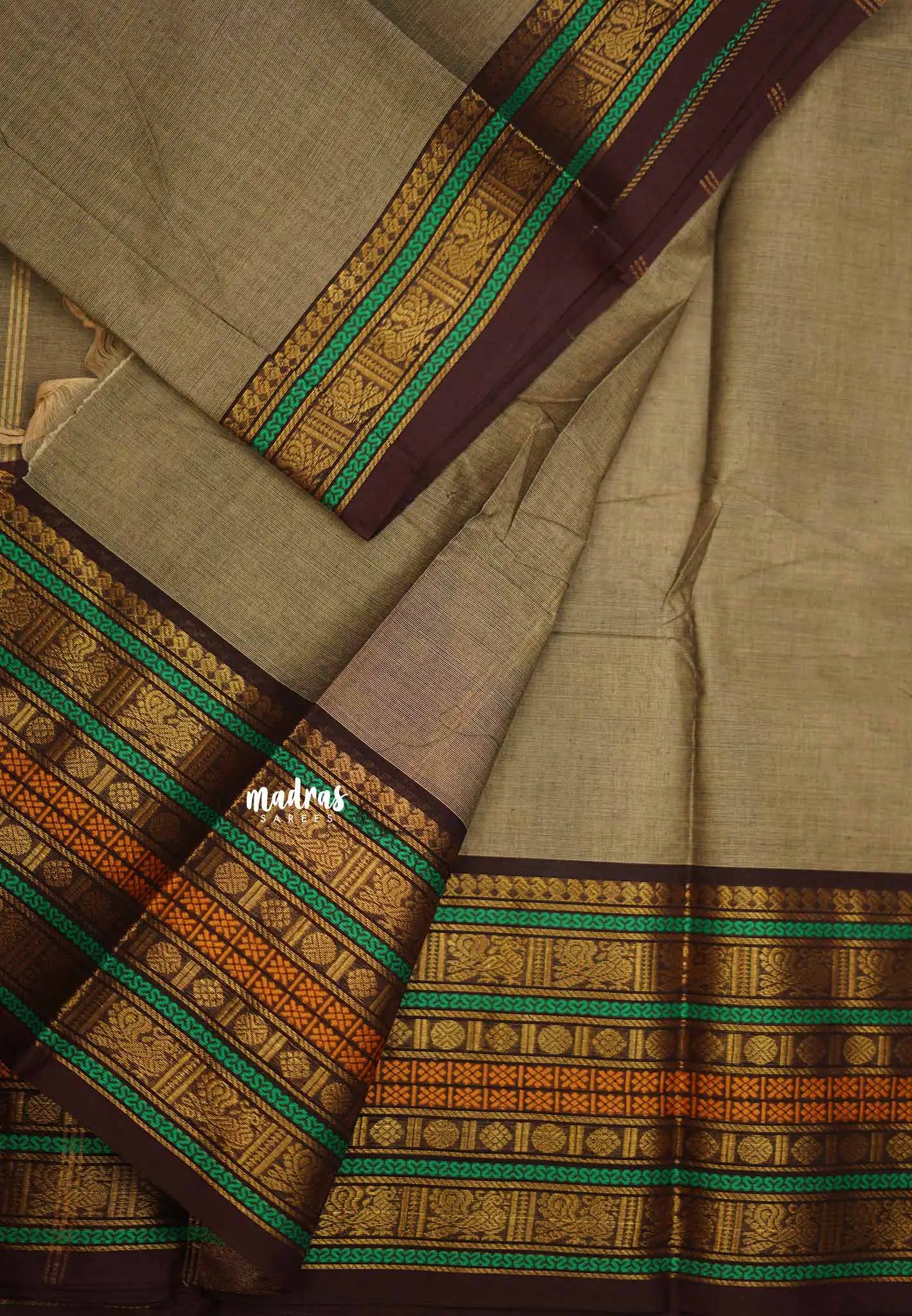 Karthigai silk cotton Rudhraksham Multi border - Mild brown - Madras Sarees