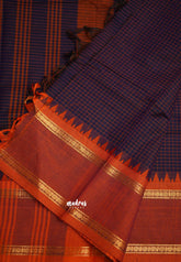 Karthigai silk cotton rettapeta rudraksham border with muthu kattam checks deep blue - Madras Sarees