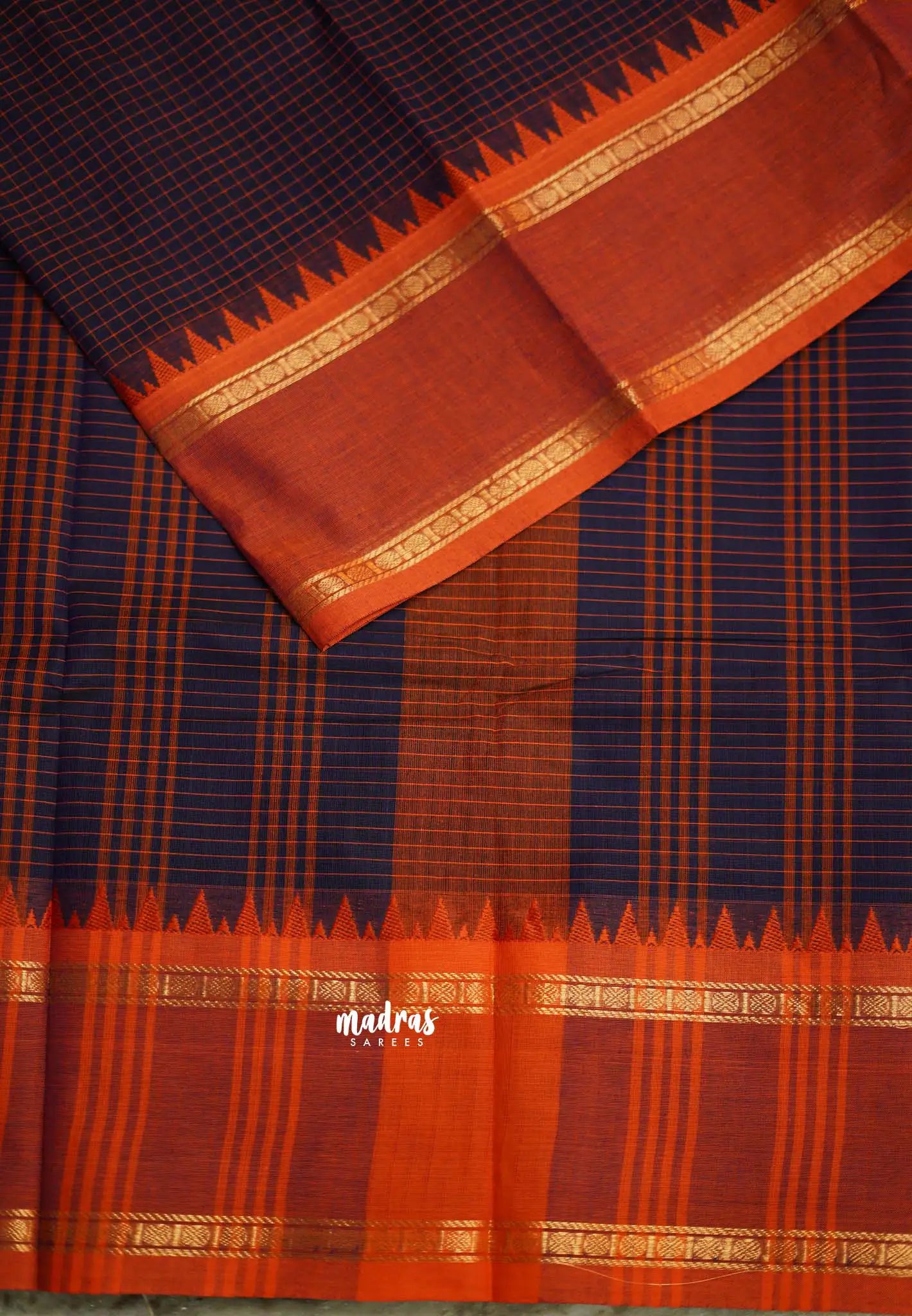 Karthigai silk cotton rettapeta rudraksham border with muthu kattam checks deep blue - Madras Sarees