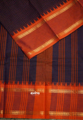 Karthigai silk cotton rettapeta rudraksham border with muthu kattam checks deep blue - Madras Sarees