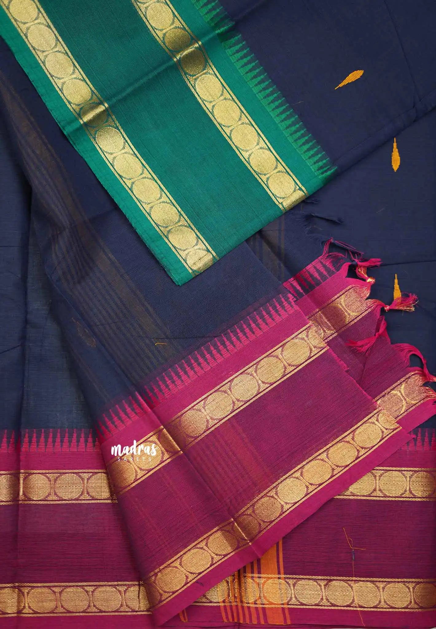 Karthigai silk cotton Rudhraksham Ganga Jamuna border - Navy blue - Madras Sarees