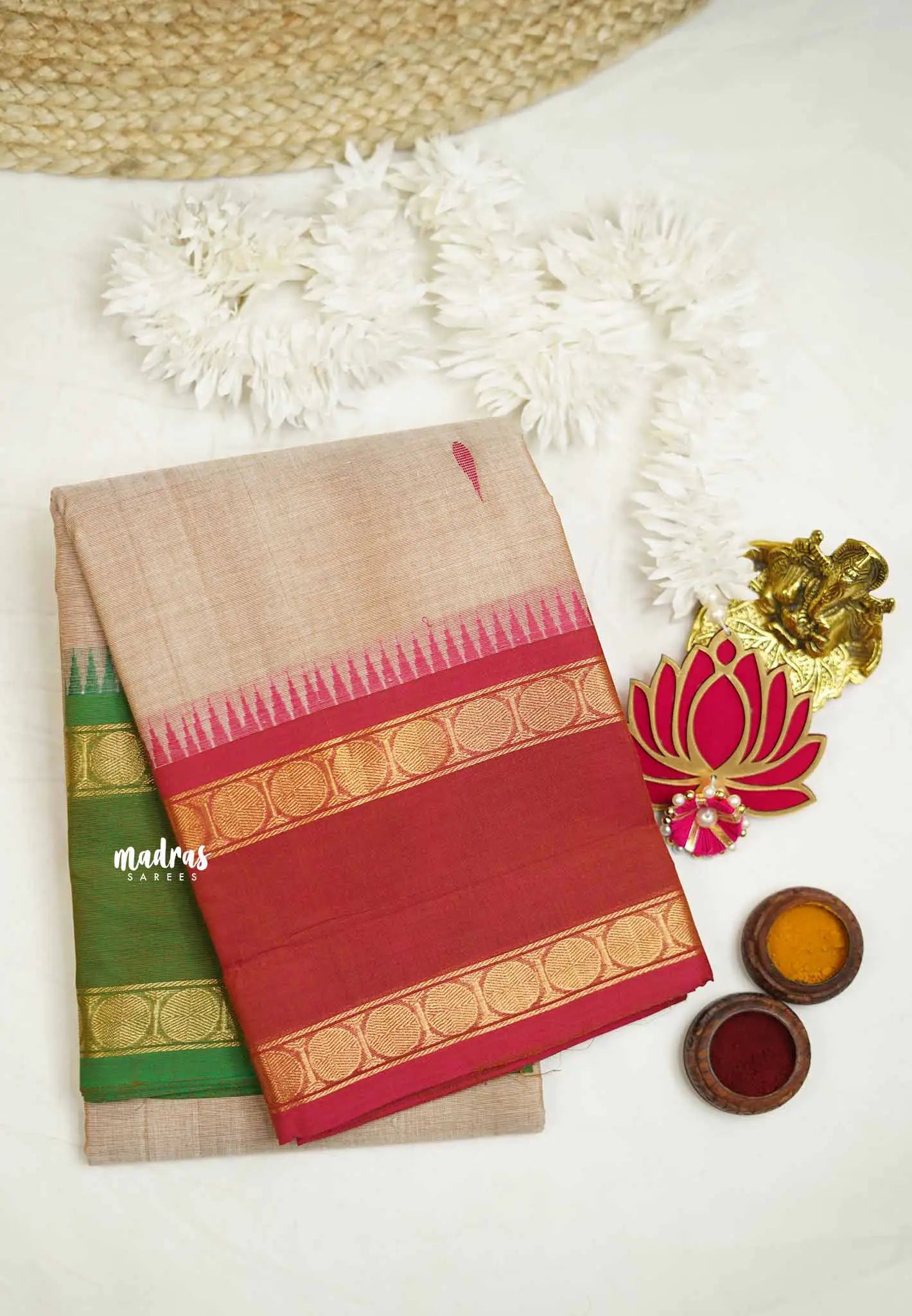 Karthigai silk cotton Rudhraksham Ganga Jamuna border - Beige color - Madras Sarees