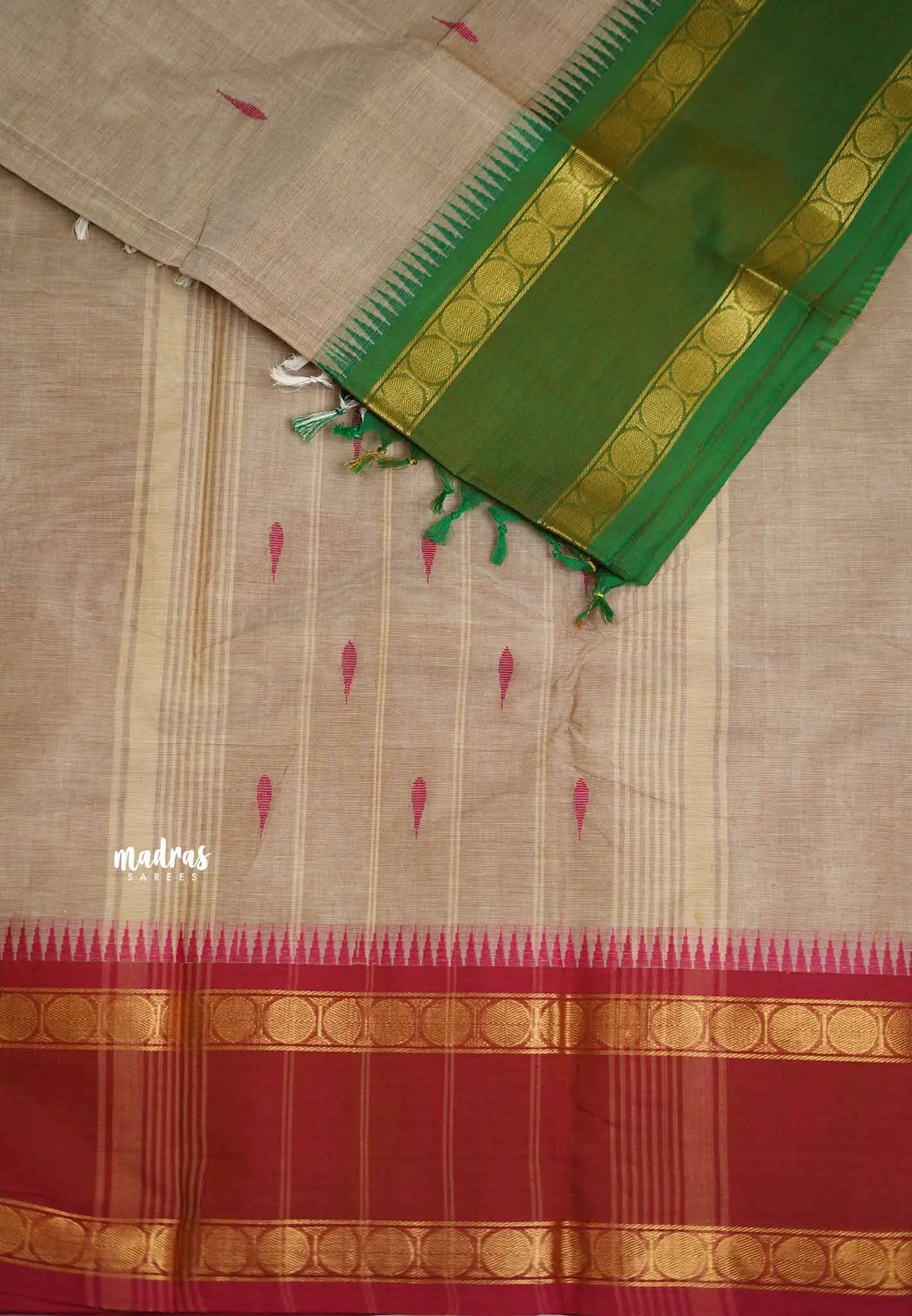 Karthigai silk cotton Rudhraksham Ganga Jamuna border - Beige color - Madras Sarees