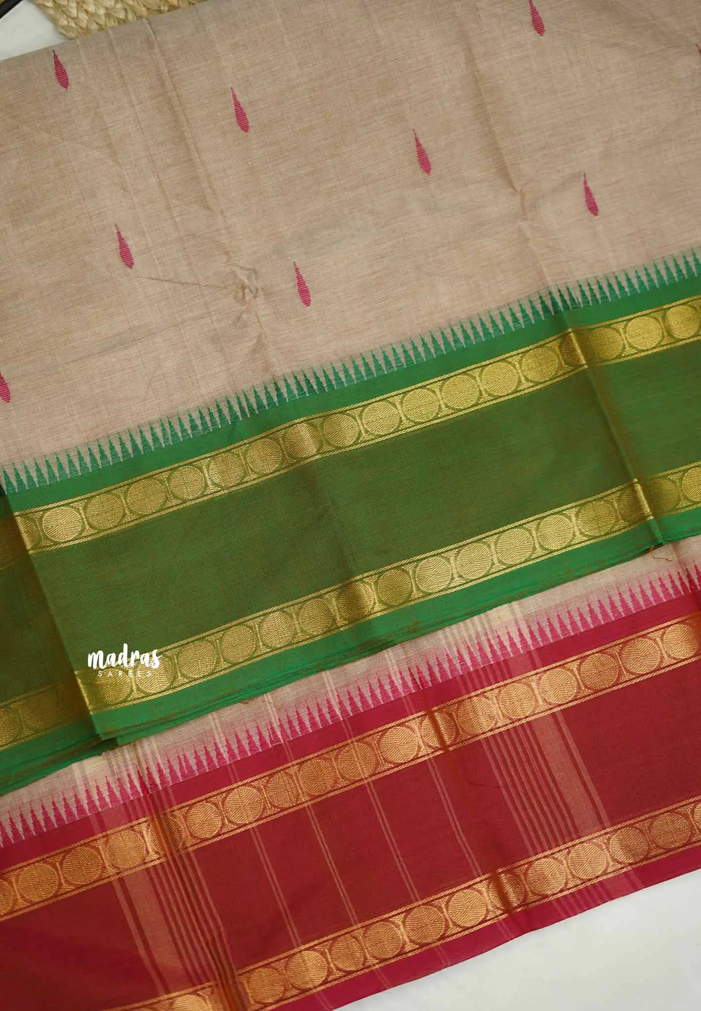 Karthigai silk cotton Rudhraksham Ganga Jamuna border - Beige color - Madras Sarees