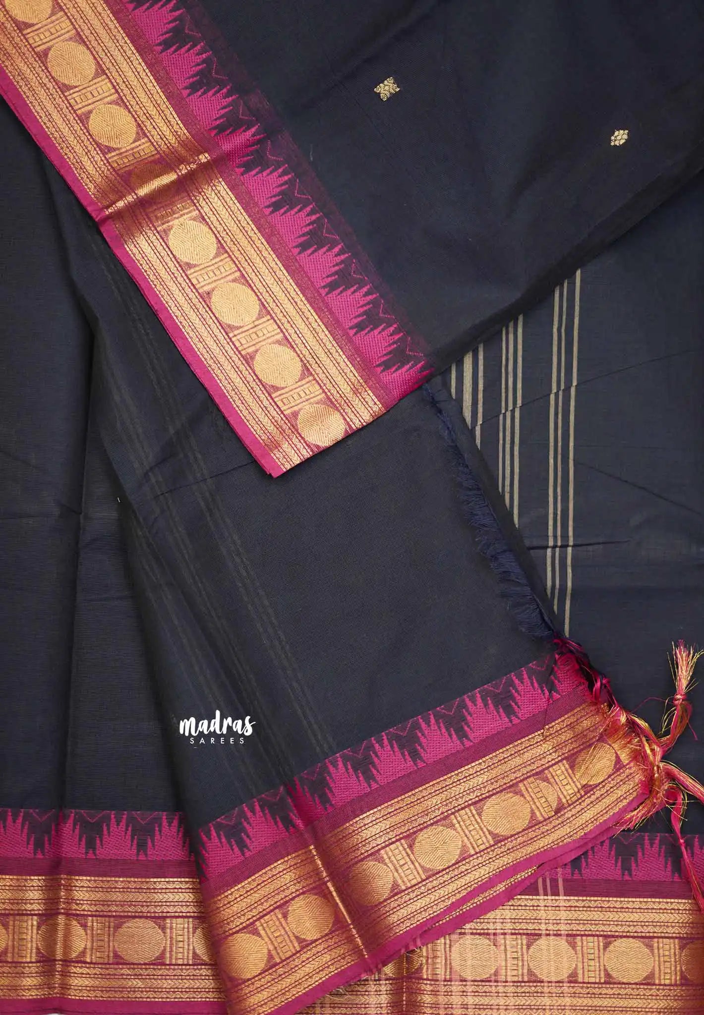 Karthigai silk cotton rudraksham with temple weaving - Deep Navy blue - Madras Sarees