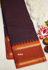 Karthigai silk cotton rettapeta rudraksham border with muthu kattam checks deep blue - Madras Sarees