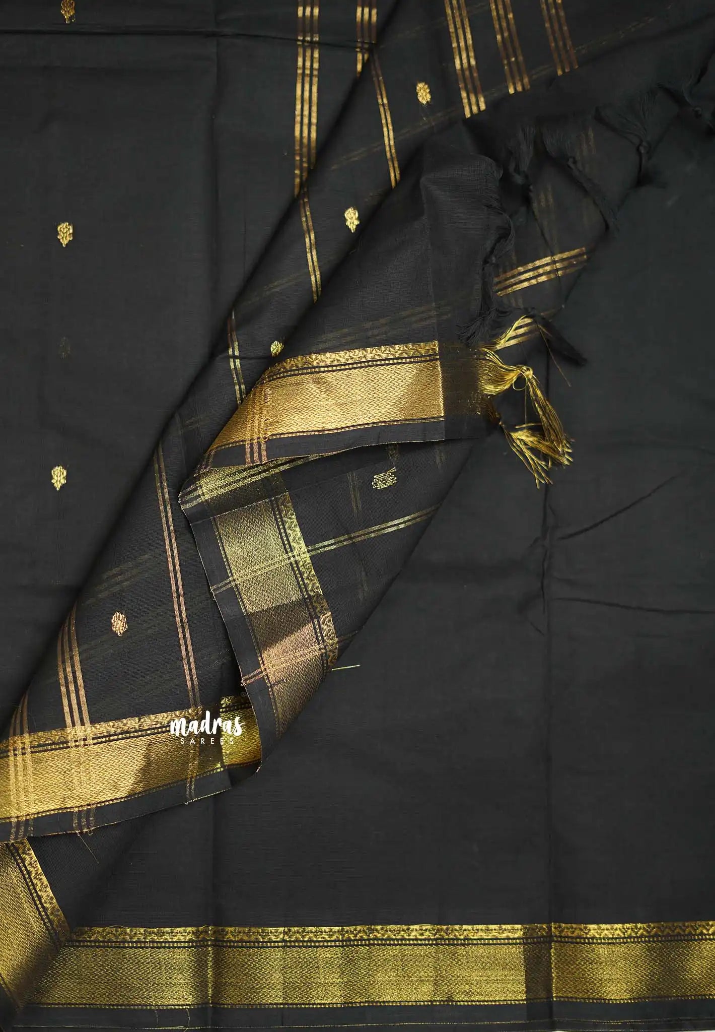 Karthigai silk cotton small Bavanji border Black - Madras Sarees