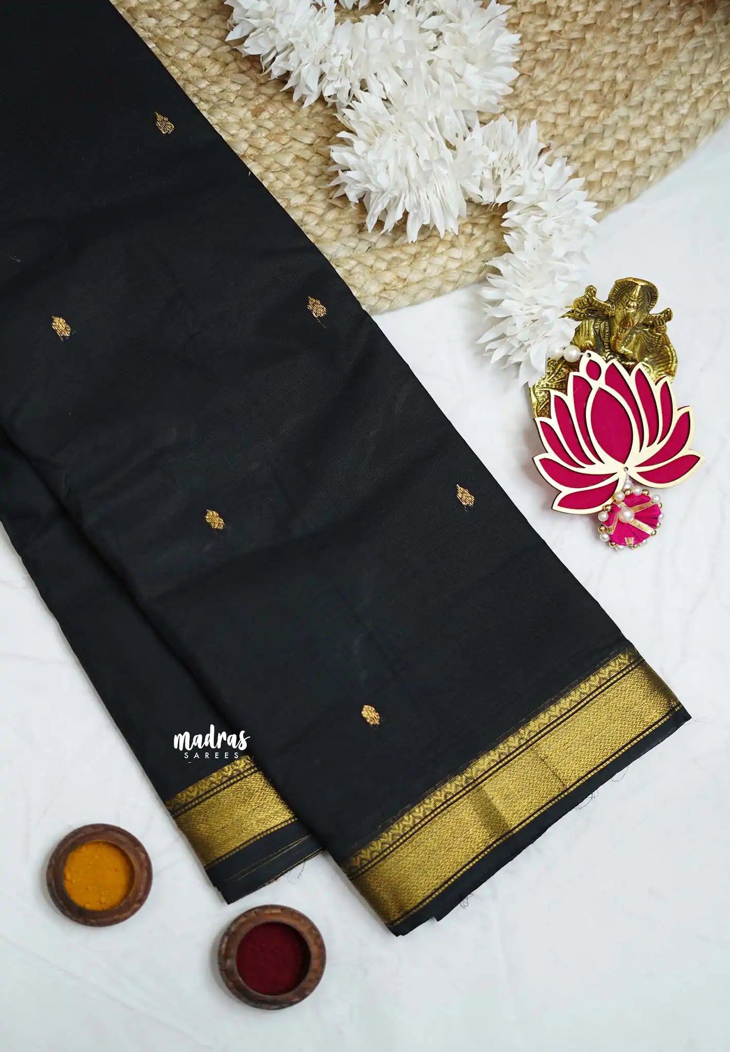Karthigai silk cotton small Bavanji border Black - Madras Sarees