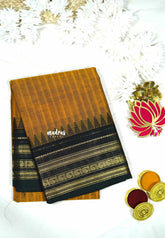 Mustard brown - Karthigai silk cotton rettapeta rudraksham border with stripes
