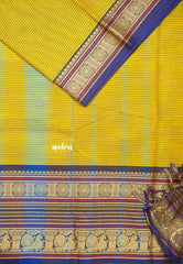 Lime yellow - Karthigai silk cotton chettinad lines thread weaving multi border