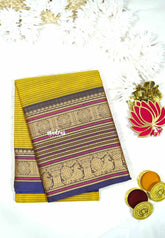 Lime yellow - Karthigai silk cotton chettinad lines thread weaving multi border