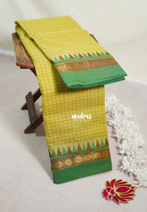 Pastel Lime Yellow - Karthigai silk cotton muthu kattam saree Rudraksham with Temple Border - Best for Festive Wear