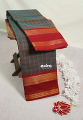 Bluish Grey - Karthigai silk cotton Big Muthu Kattam Checks with Rettapeta Border - Best for Festive Wear | Temple Visit