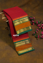 Reddish Maroon - Karthigai silk cotton with mango and temple skirt border with buttas - Best for Temple Visit